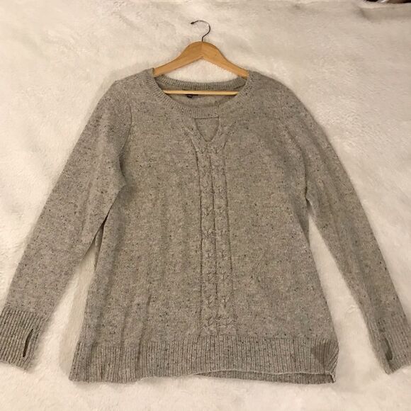 : : TORRID taupe marled keyhole cable knit sweater with thumb holes : : - Picture 6 of 11